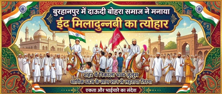 बुरहानपुर में दाऊदी बोहरा समाज ने मनाया  ईद मिलादुन्नबी पर त्योहार, शहर में निकाला भव्य जुलूस, धार्मिक ध्वज के साथ शान से लहराया तिरंगा